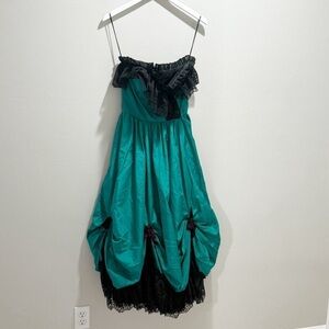 Vtg LORALIE Women’s Green Black Strapless Formal Party Dress Taffeta Lace Sz 8